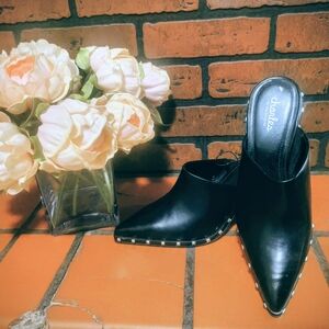 Charlies Black Pointed Mule with Studded Sole
